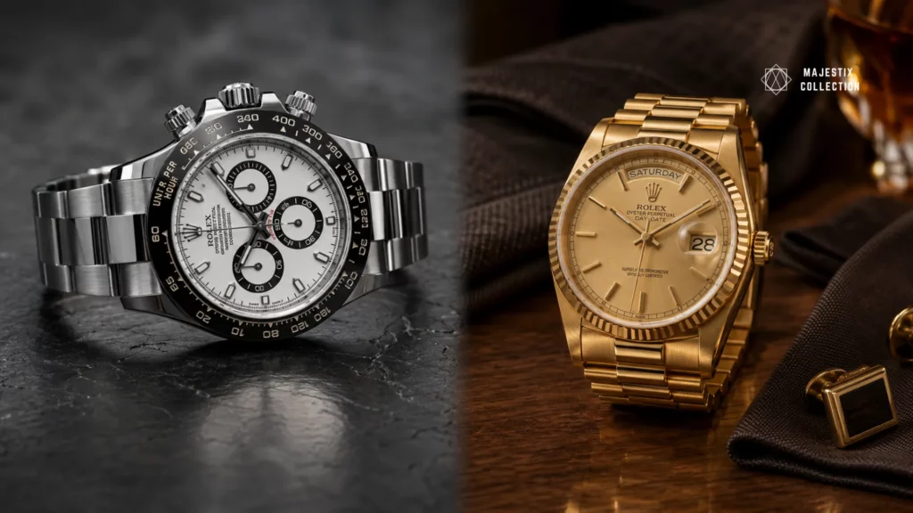 Steel vs gold collectible Rolex compared: steel Daytona beside a gold Day-Date President