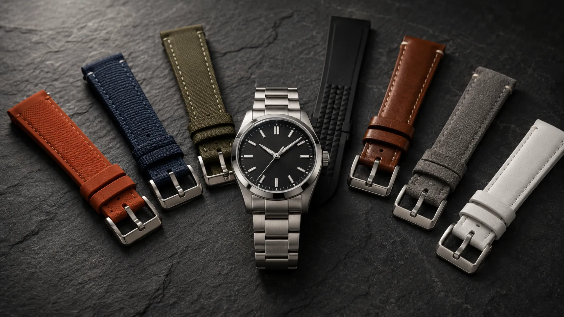 Black dial watch surrounded by strap colors that suit a black dial, arranged from safest to boldest