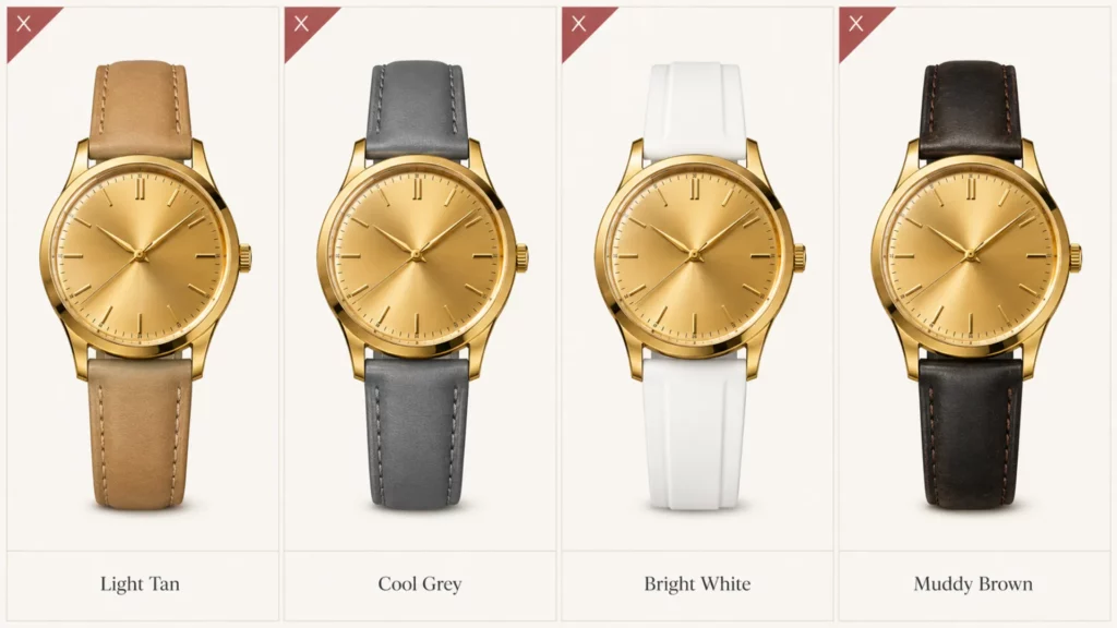 Strap colors to avoid on a champagne dial watch: light tan, cool grey, and bright white pairings that clash
