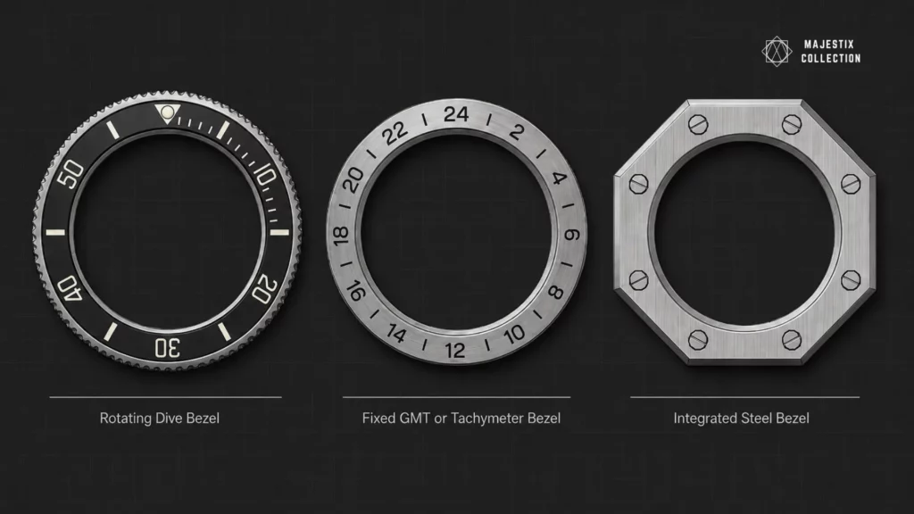 Diagram of the three steel bezel watch types: rotating dive, fixed GMT or tachymeter, and integrated