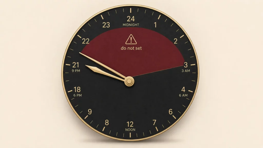 Clock diagram showing the 9 PM to 3 AM date-change danger zone on a Tudor Black Bay