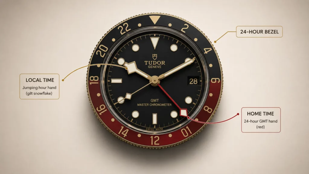 Diagram of the Tudor Black Bay GMT 24-hour bezel and jumping local hour hand
