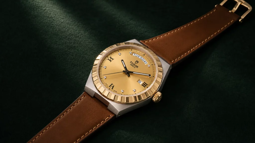 Tudor Royal 28603 champagne sunray dial two-tone on warm brown leather strap with gold buckle