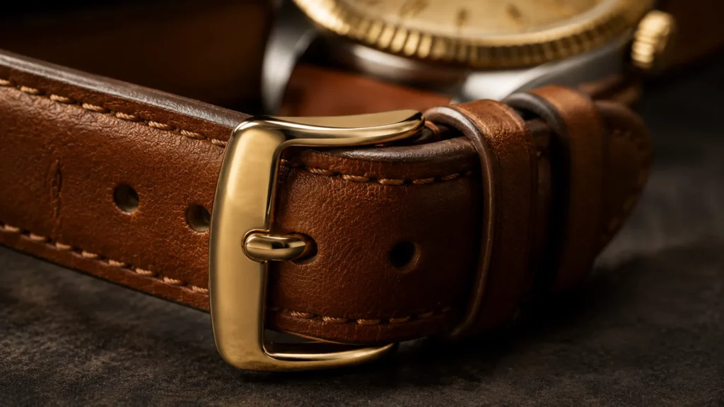 Recommended SEO Alt Text: Close-up of a gold-tone buckle matching the gold center links on a two-tone watch strap