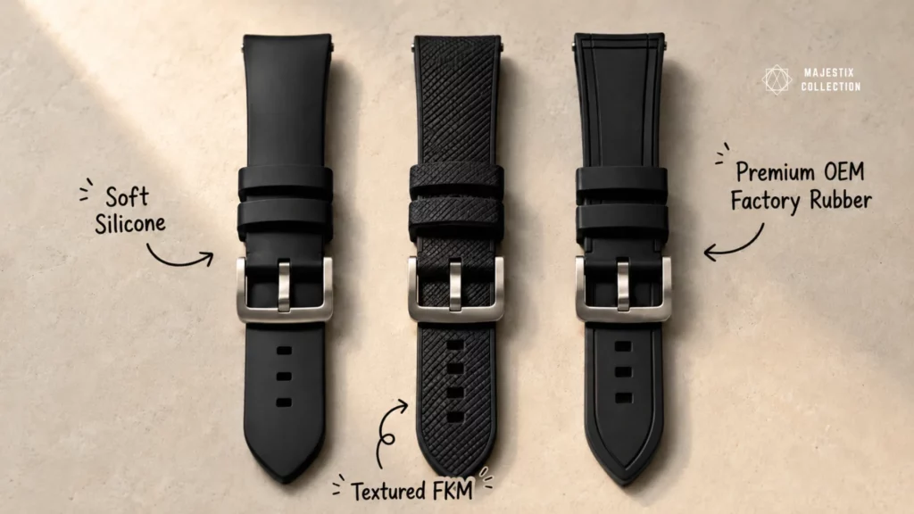 Silicone, FKM, and OEM rubber watch straps compared side by side by material