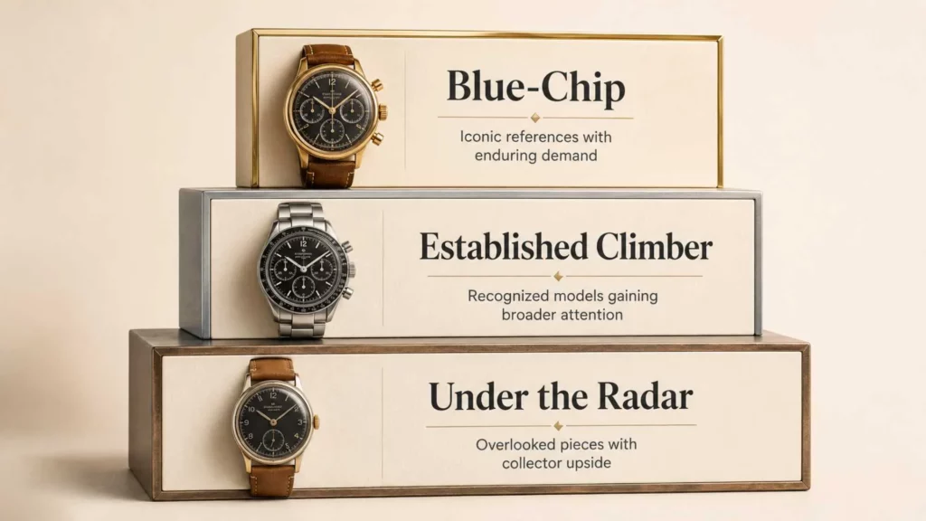 Tier chart showing vintage watch collectibility levels from blue-chip to under-the-radar
