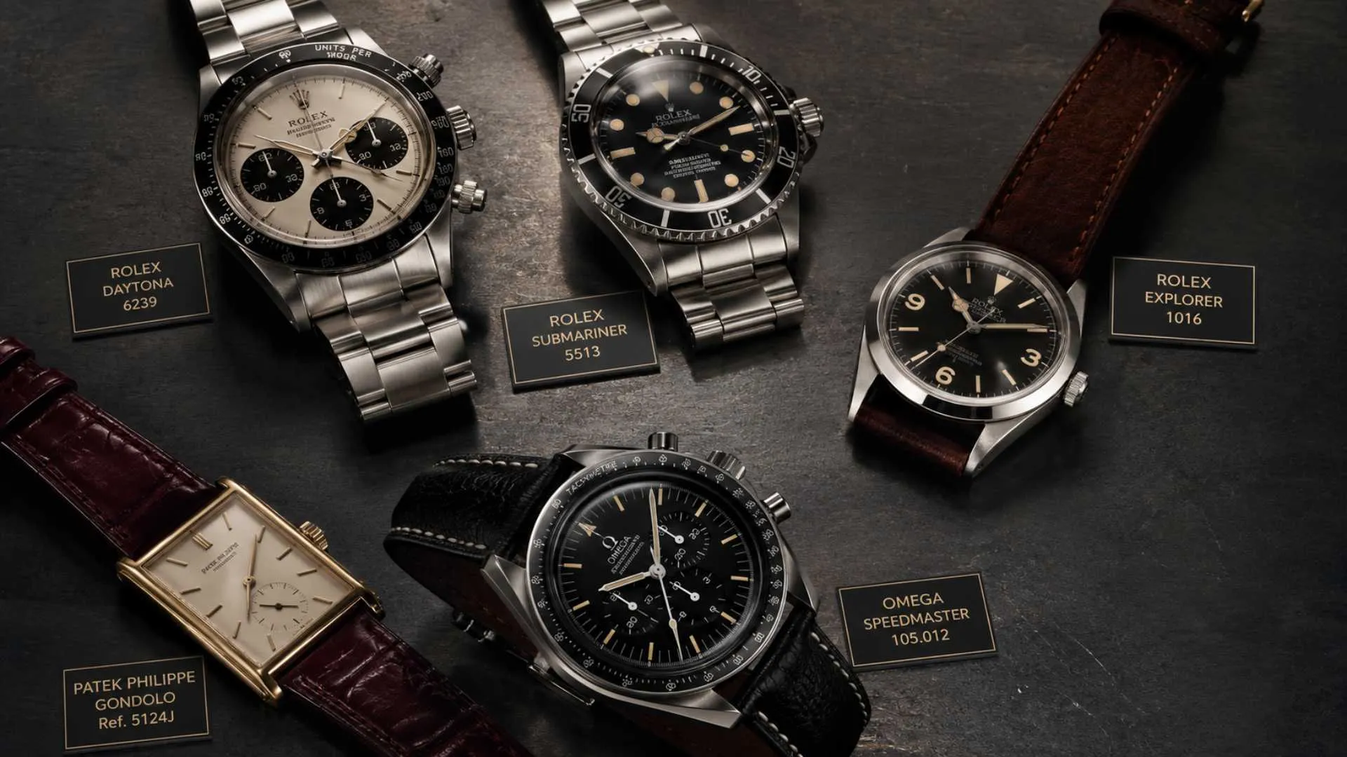 Collection of the most collectible vintage watches arranged on a dark editorial surface