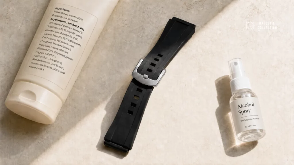 Sunscreen, heat, and solvents beside a rubber watch strap that damage the rubber