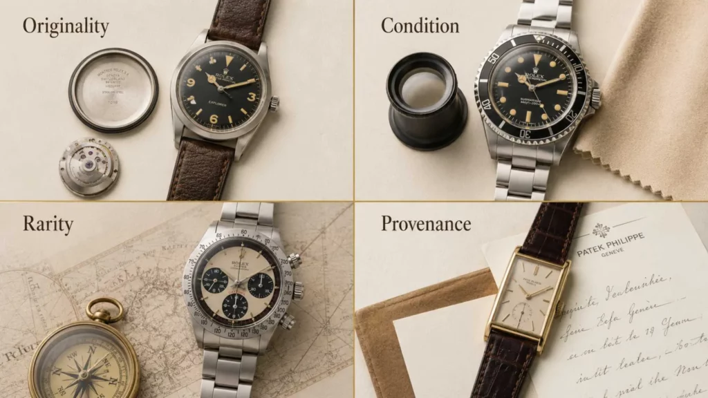 Diagram of four factors that make a vintage watch collectible: originality, condition, rarity, provenance