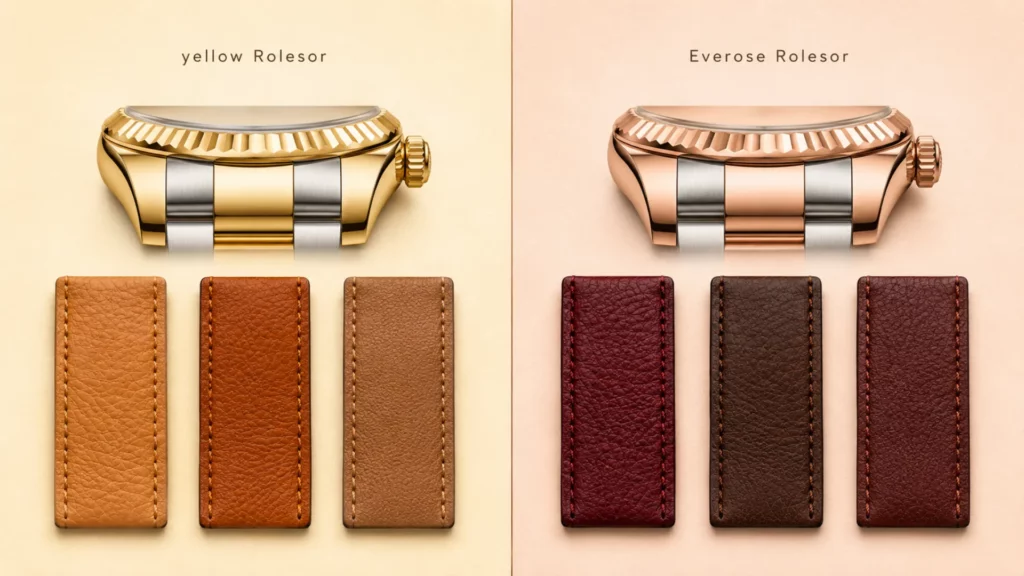 Comparison of yellow Rolesor with tan and cognac straps versus Everose Rolesor with oxblood and chocolate straps