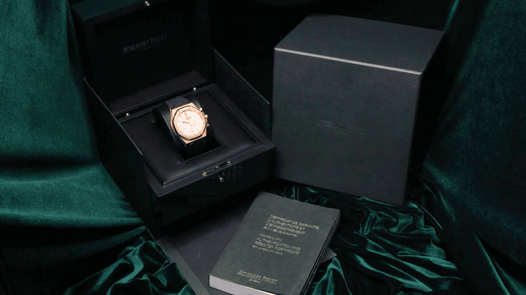 2015 Audemars Piguet Royal Oak Chronograph 41mm Rose Gold Silver Dial Navy Rubber 26320OR - Box & Papers