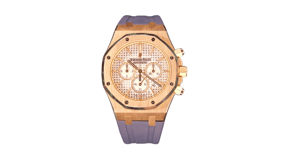 2015 Audemars Piguet Royal Oak Chronograph 41mm Rose Gold Silver Dial Navy Rubber 26320OR - Feature
