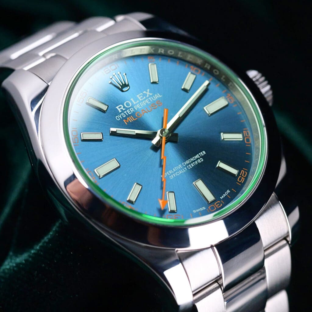 Rolex Milgauss "Z-Blue" Blue Dial Green Sapphire Crystal Smooth Bezel Oyster Bracelet Stainless Steel 40mm MINT CONDITION COMPLETE SET 116400GV-0002