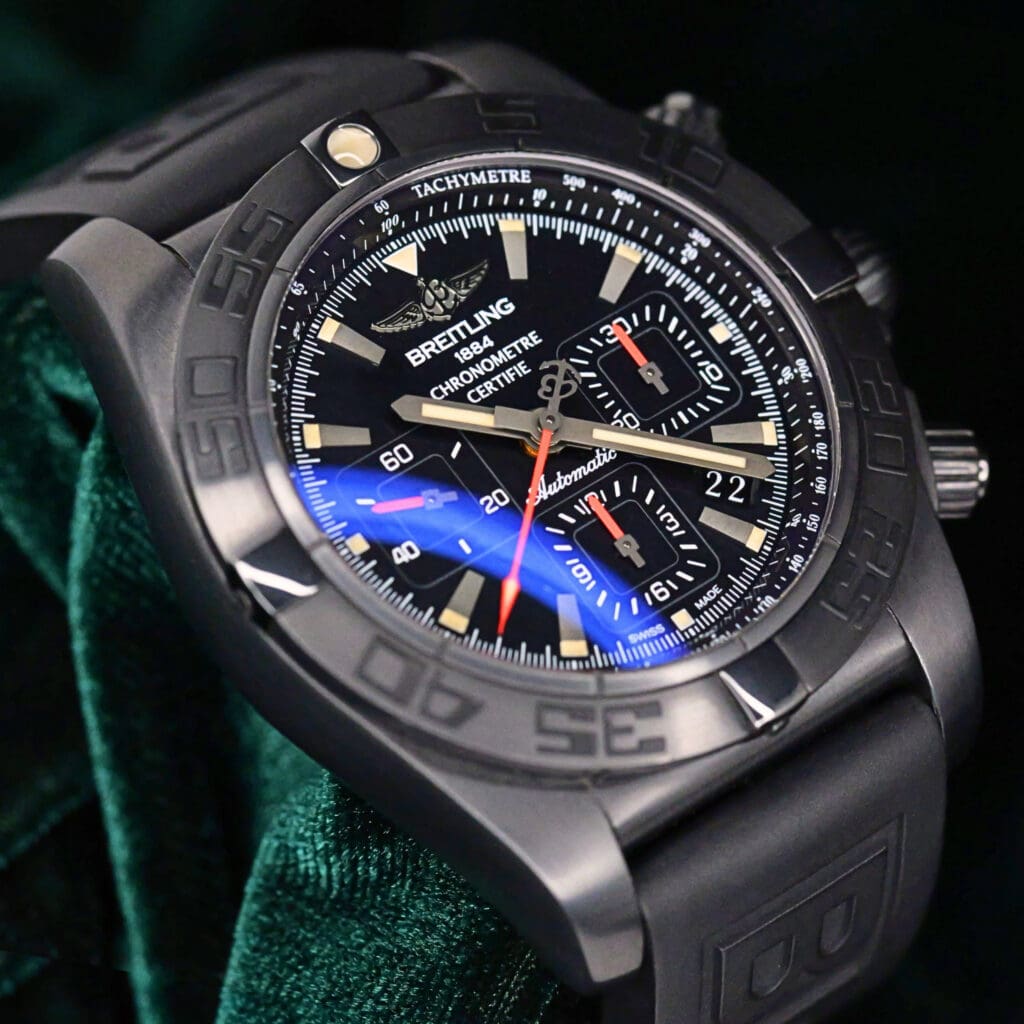 Breitling Chronomat 44 Blacksteel Black Dial Red Accents Black Rubber Strap Black DLC Stainless Steel 44mm MINT CONDITION COMPLETE SET MB0111C3/BE35