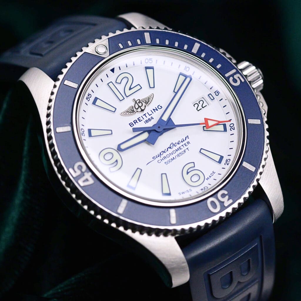Breitling Superocean Automatic White Dial Blue Bezel Blue Rubber Strap 42mm MINT CONDITION COMPLETE SET A17366D81A1S2