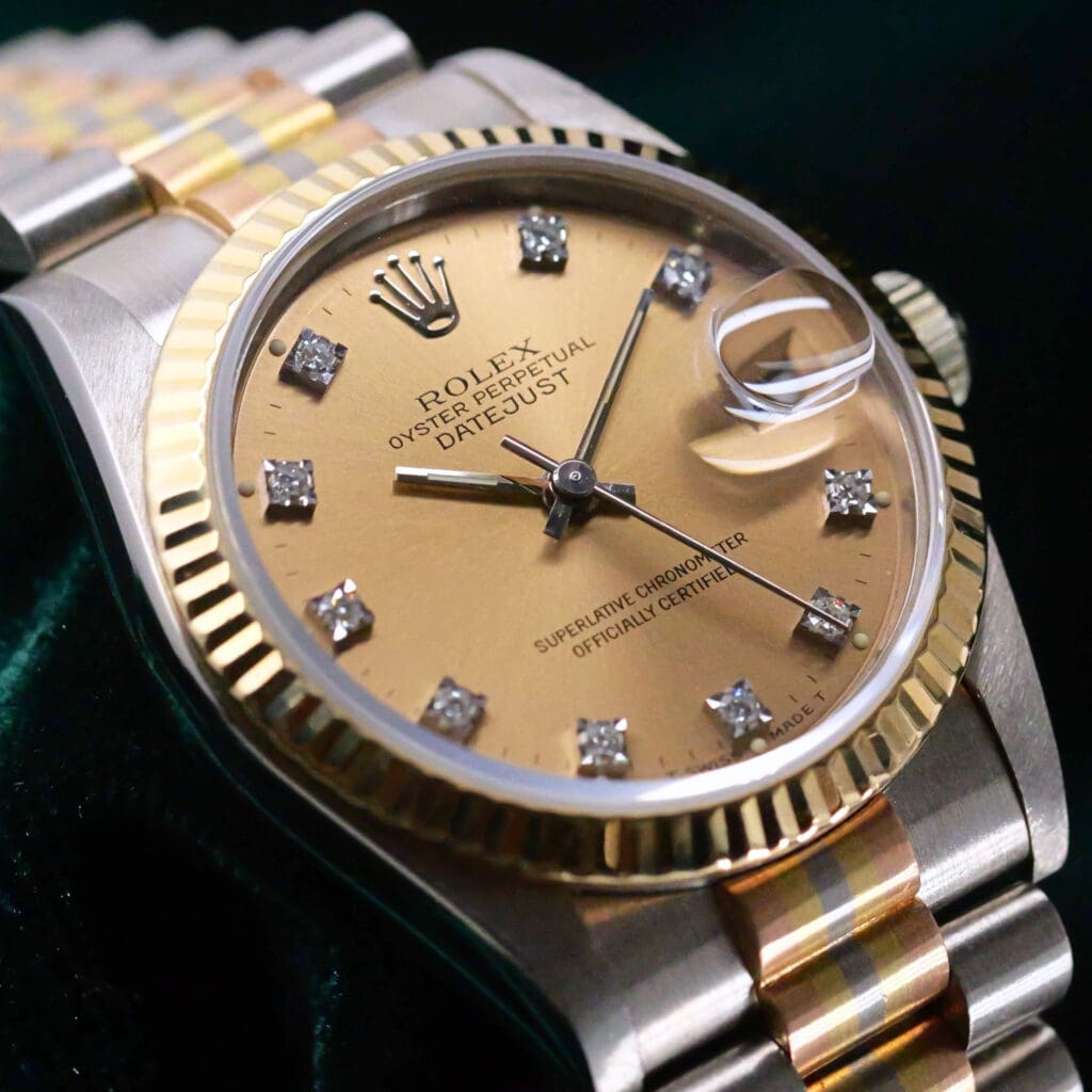 Rolex Datejust Champagne Diamond Markers Fluted Bezel Tridor President Bracelet 18k White Gold 31mm MINT CONDITION 68279B
