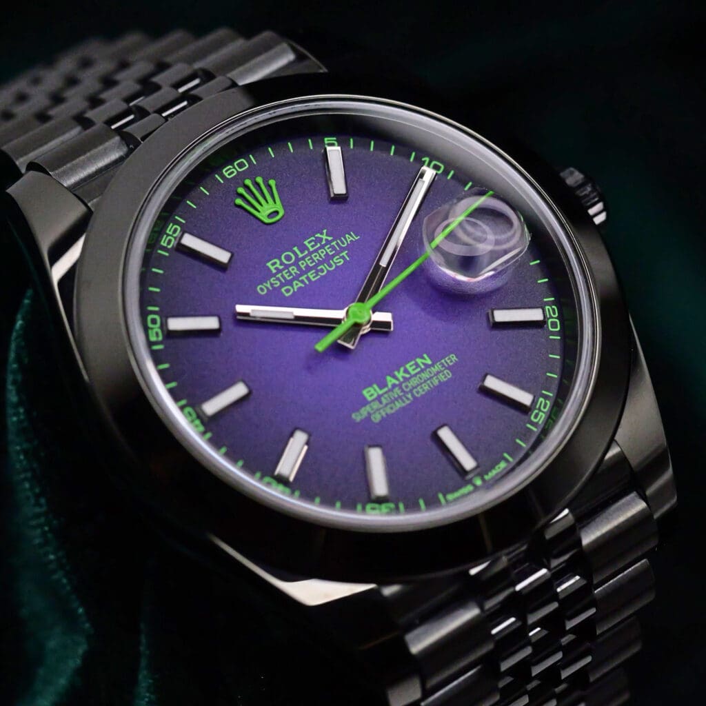 2025 Rolex Datejust "Joker" Blaken Purple Dial Green Accents Smooth Bezel Jubilee Bracelet Black DLC Stainless Steel 41mm MINT CONDITION COMPLETE SET 126300