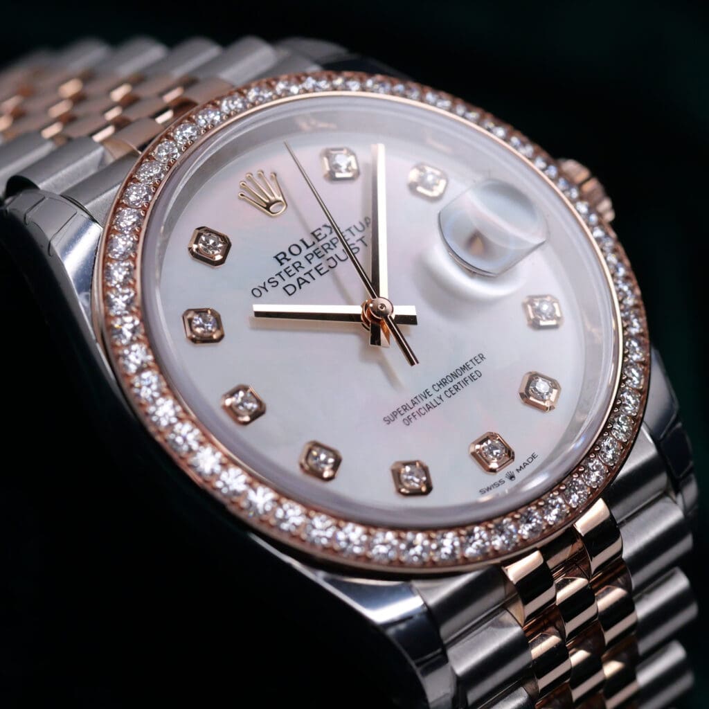 2025 NEW UNWORN Rolex Datejust 36 Mother of Pearl Dial Diamond Hour Markers Diamond Bezel Jubilee Bracelet Two-Tone 18k Rose Gold Stainless Steel 36mm COMPLETE SET 126281RBR-0009