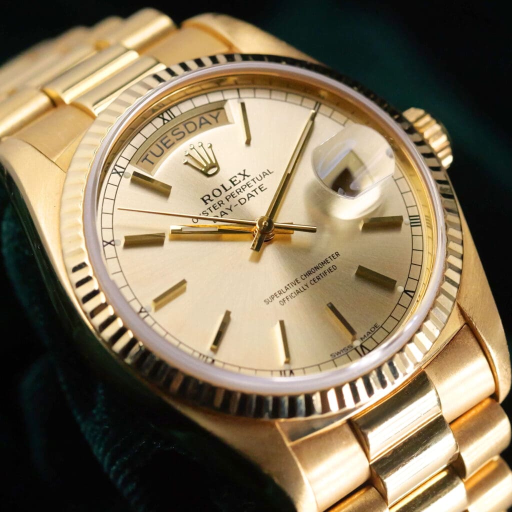 Rolex Day-Date Champagne Dial Fluted Bezel President Bracelet 18k Yellow Gold 36mm MINT CONDITION 18038