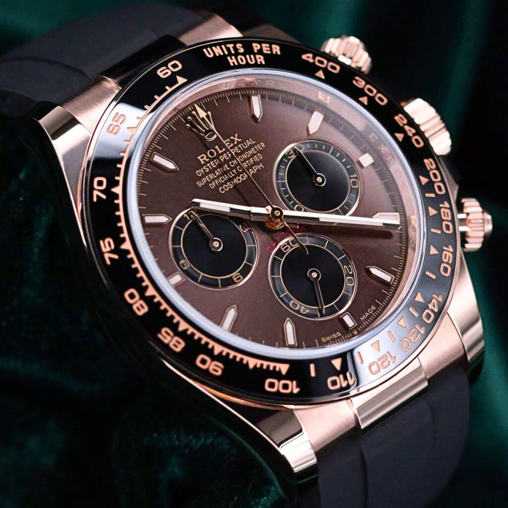 Rolex Cosmograph Daytona Chocolate Brown Dial Black Ceramic Bezel Black Subdials Black Oysterflex 18K Rose Gold 40mm MINT CONDITION 126515LN-0010