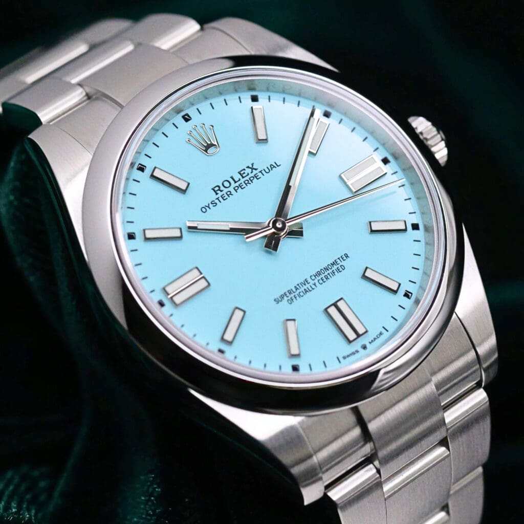 Rolex Oyster Perpetual "Tiffany" Turquoise Blue Dial Oyster Bracelet Stainless Steel 41mm MINT CONDITION COMPLETE SET 124300