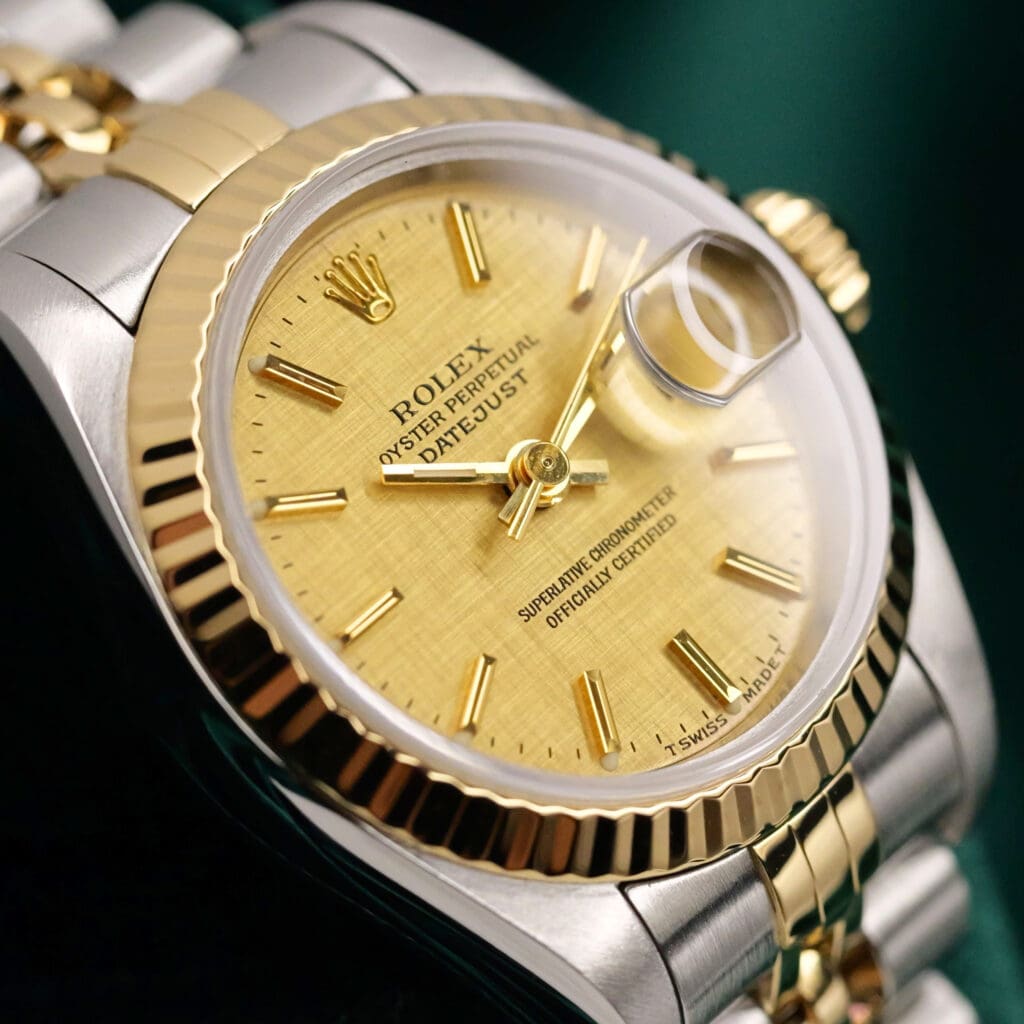 Rolex Lady-Datejust Champagne Linen Dial 18k Yellow Gold Fluted Bezel Jubilee Bracelet Two Tone Steel & Gold 26mm MINT CONDITION COMPLETE SET 69173