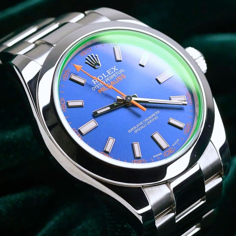 Rolex Milgauss "Z-Blue" Blue Dial Green Sapphire Crystal Smooth Bezel Oyster Bracelet Stainless Steel 40mm MINT CONDITION COMPLETE SET 116400GV-0002