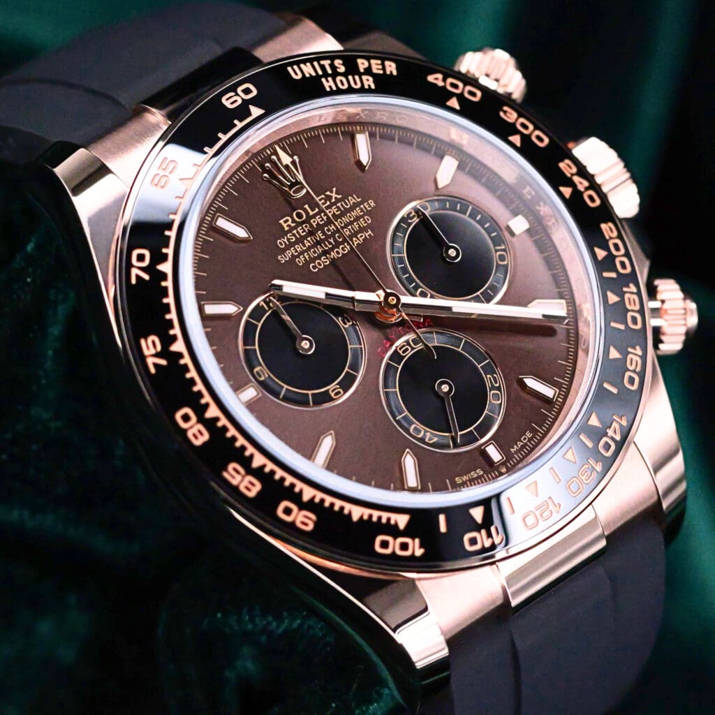 Rolex Cosmograph Daytona Chocolate Brown Dial Black Ceramic Bezel Black Subdials Black Oysterflex 18K Rose Gold 40mm MINT CONDITION 126515LN-0010