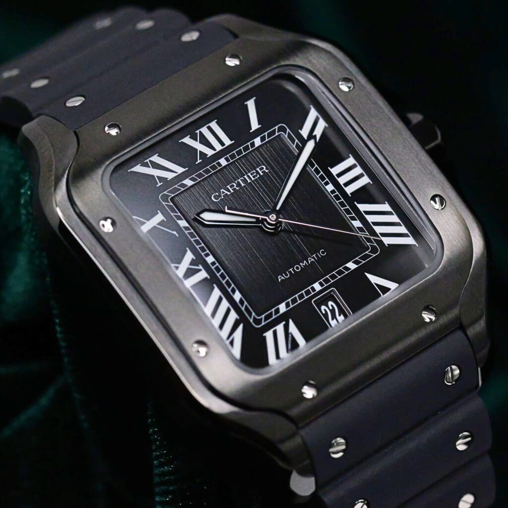 2026 Cartier Santos De Cartier Black Dial Black ADLC Stainless Steel Black Rubber Strap 39.8mm MINT CONDITION COMPLETE SET WSSA0039