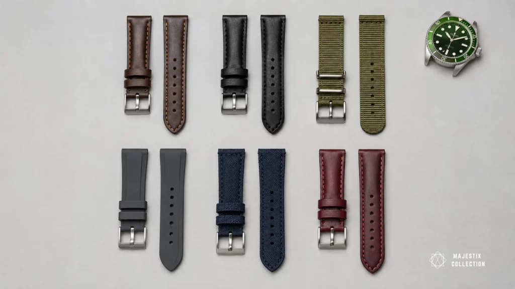 Six best strap colors for a green bezel watch: brown, black, olive nylon, charcoal, navy and burgundy