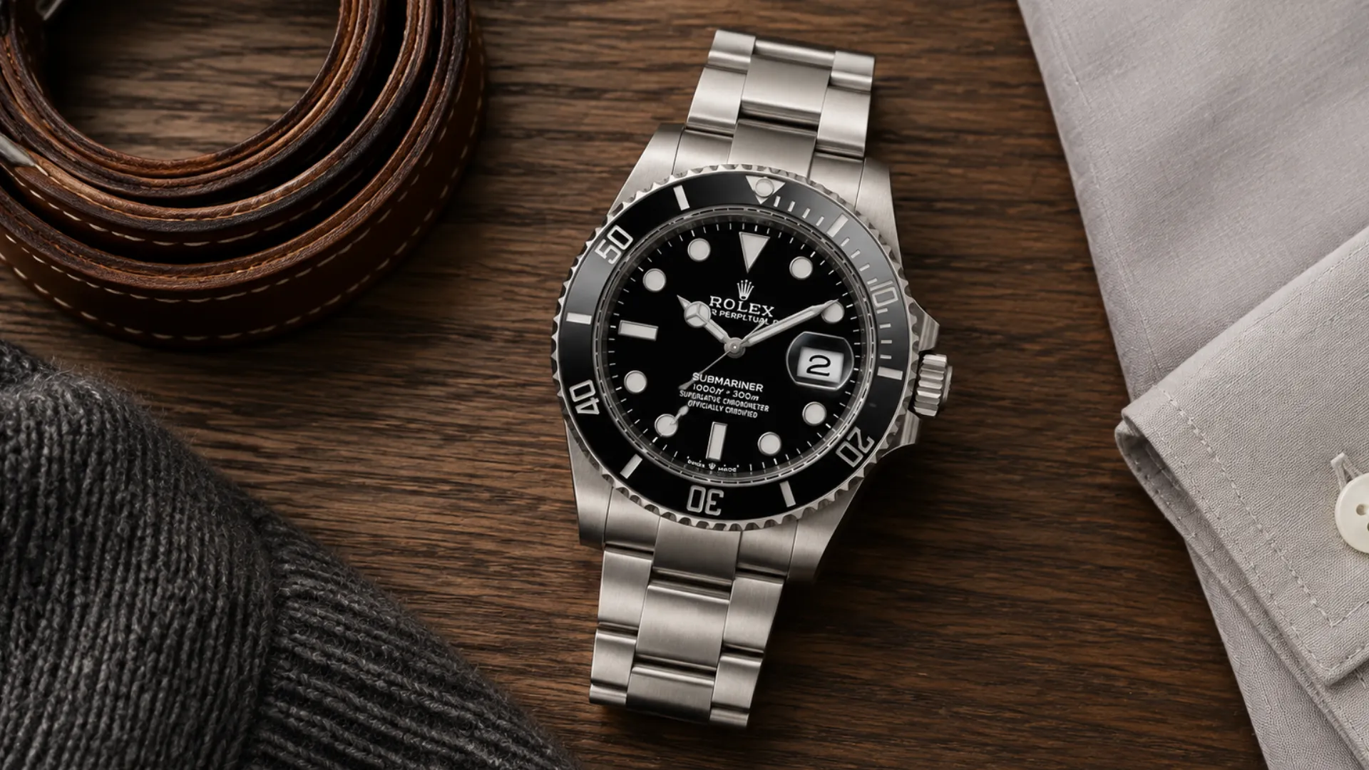 Rolex Submariner with black dial on wooden desk beside leather belt, grey knitwear, and dress shirt