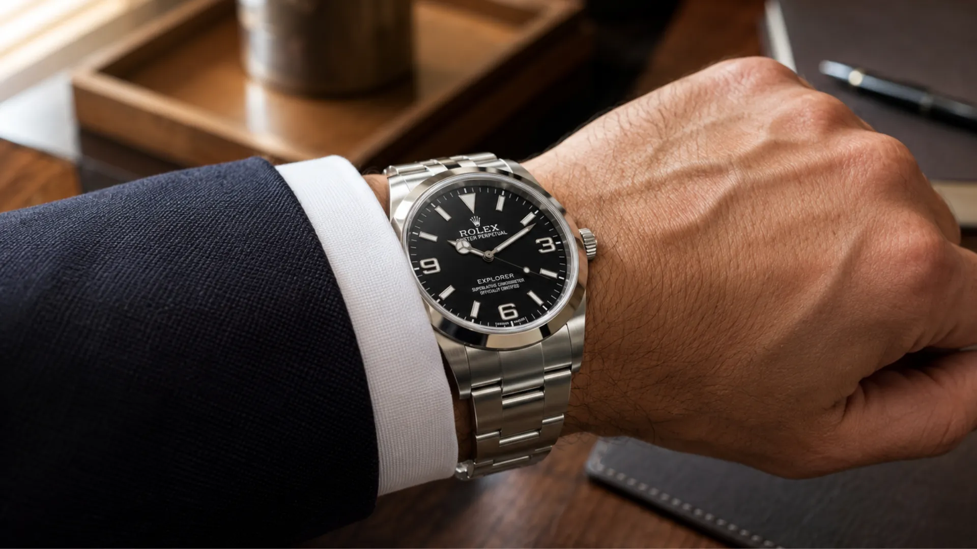 Rolex Explorer with black dial on steel bracelet worn under a navy suit cuff at a desk
