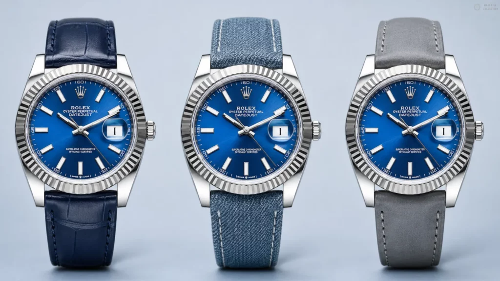 Three white gold Rolex Datejusts with blue sunburst dials side by side on navy alligator, denim, and grey suede straps against a pale blue background