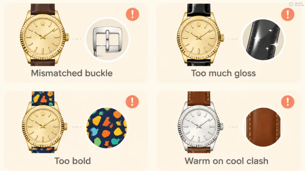 Four fluted bezel strap mistakes illustrated: mismatched buckle, too much gloss, too bold a pattern, and warm strap clashing with a cool case, each flagged with a warning icon
