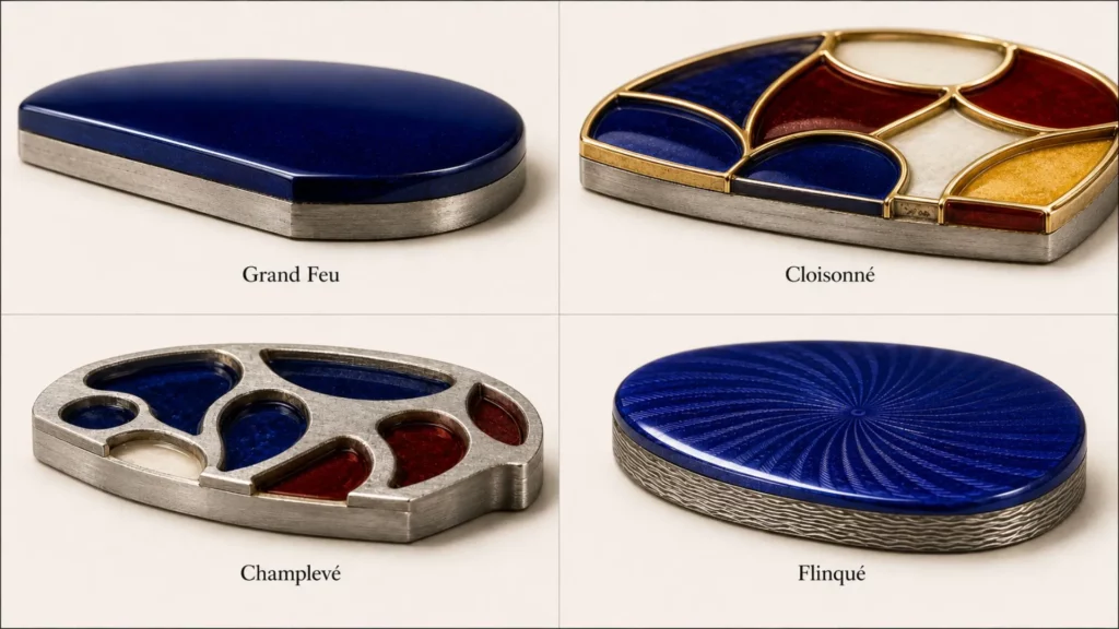 Comparison diagram of grand feu, cloisonné, champlevé, and flinqué enamel dial techniques