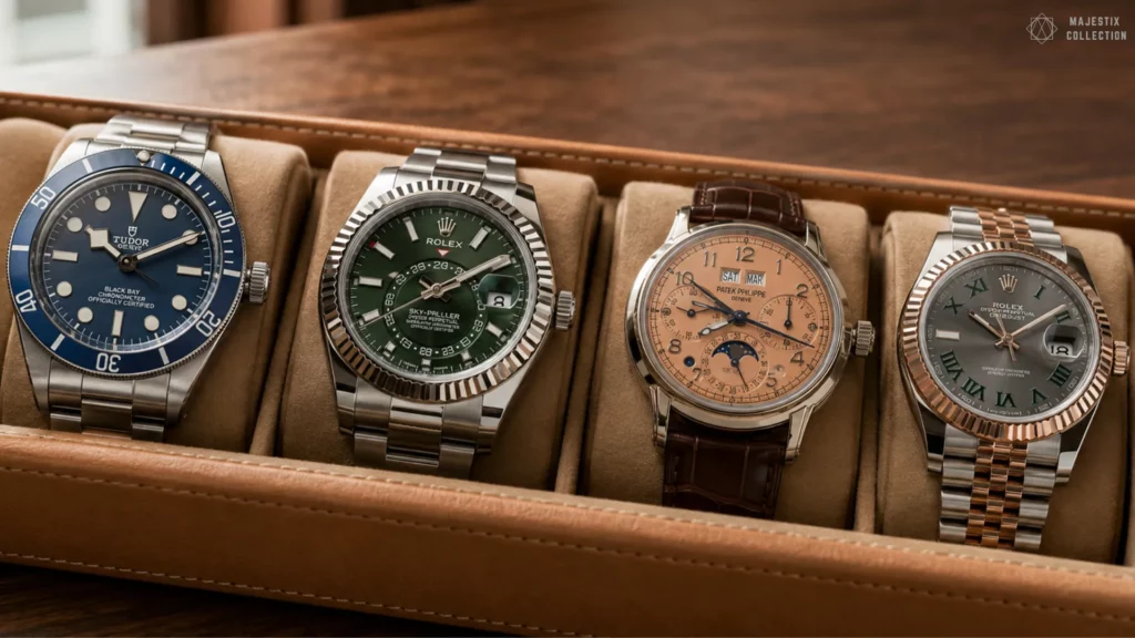 Row of seven watches in a leather case showing blue, green, salmon, and grey dials across brands