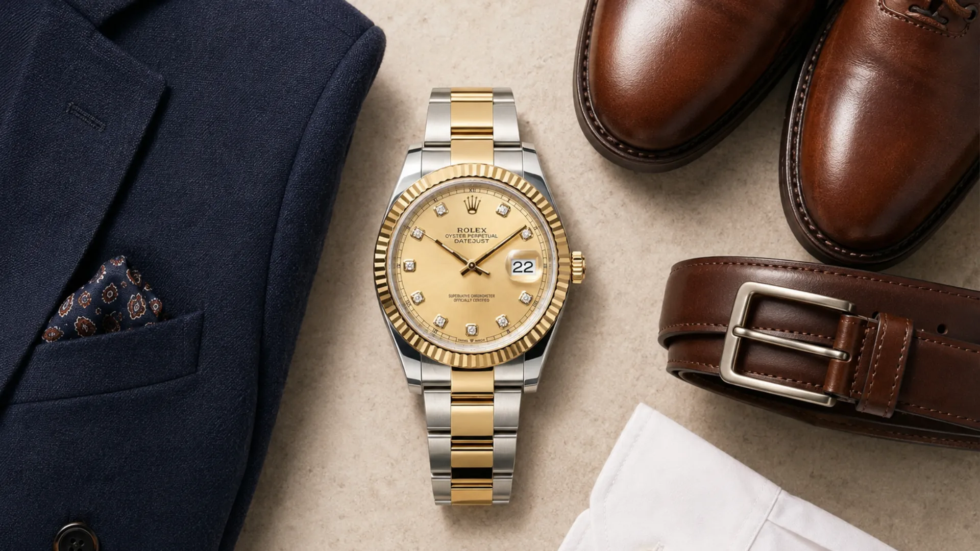 Two-tone champagne diamond dial Datejust flat lay with navy blazer, brown shoes, belt, and white shirt