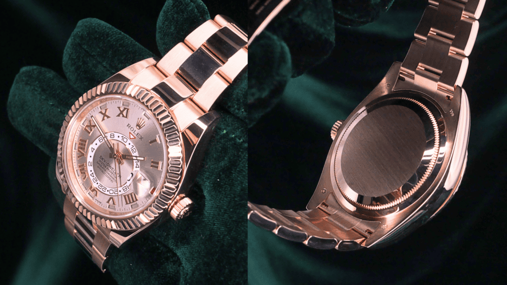 Rolex Sky-Dweller Fluted Bezel Sundust Dial Oyster Bracelet Rose Gold 326935 - Case & Bezel