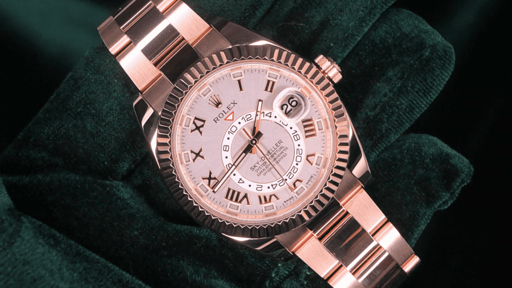 Rolex Sky-Dweller Fluted Bezel Sundust Dial Oyster Bracelet Rose Gold 326935 - Face & Dial