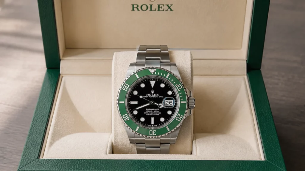 Rolex Submariner Starbucks MK1 with dark green bezel presented in green Rolex box