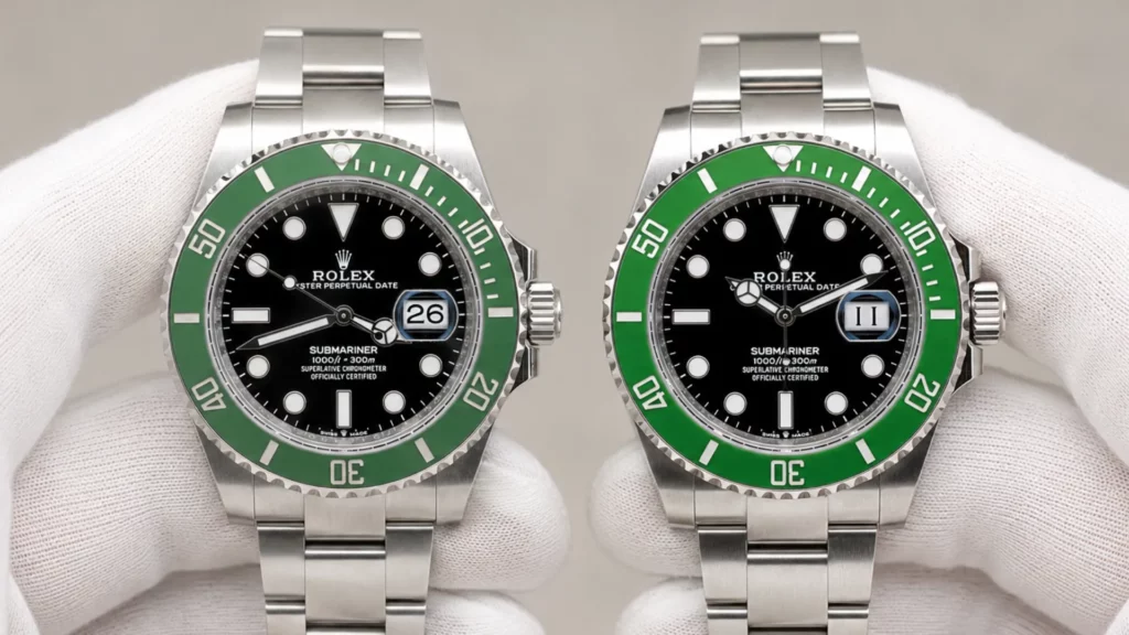White-gloved hands holding Starbucks MK1 and MK2 Submariners to compare green bezel shades