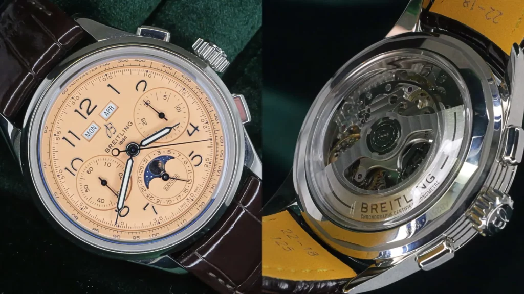 Breitling chronograph with salmon dial and moonphase on brown leather with exhibition movement caseback
