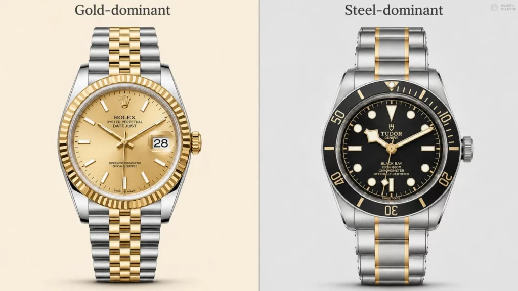 Gold-dominant two-tone Rolex Datejust beside a steel-dominant Tudor Black Bay for comparison