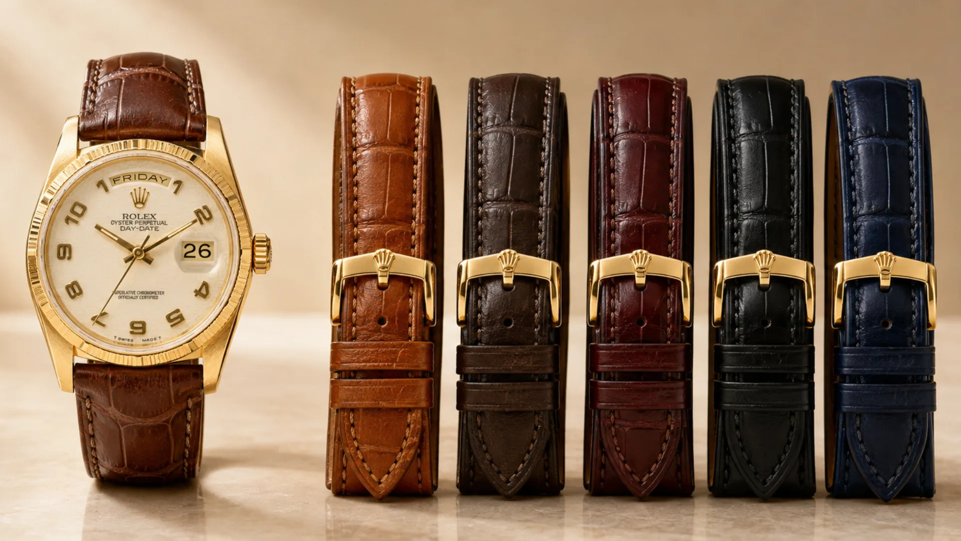 Yellow gold Rolex Day-Date with cream dial on a brown alligator strap beside a row of tan, dark brown, burgundy, black, and navy leather straps