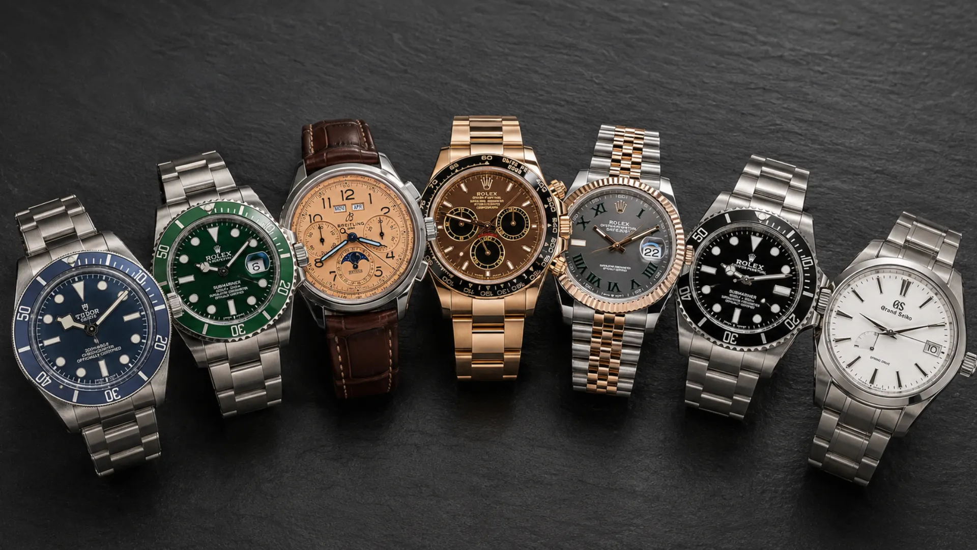 Seven watches lined up on dark slate showing blue, green, salmon, chocolate, grey, black, and white dials