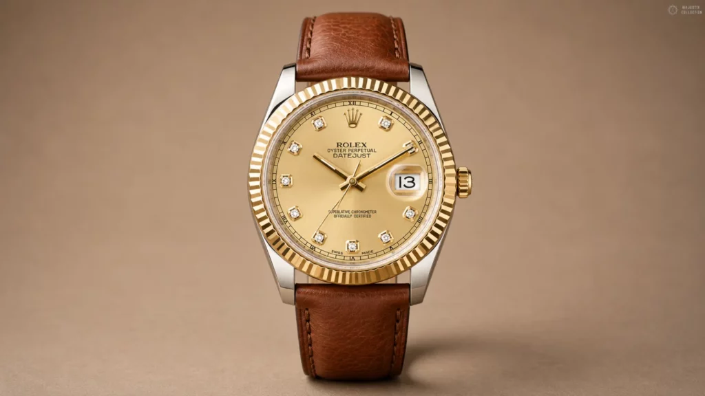 Two-tone gold Rolex Datejust with champagne diamond dial on a warm brown leather strap against a tan background