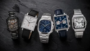 Best square dial watches for men 2026, five luxury square watches arranged on dark surface