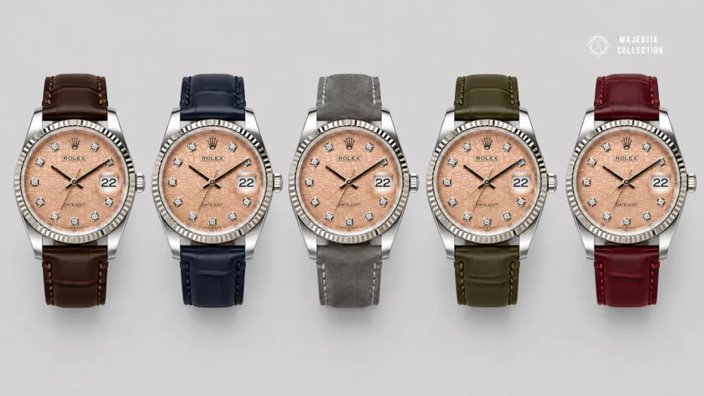 Same salmon dial watch shown on dark brown, navy, gray suede, olive and burgundy straps side by side