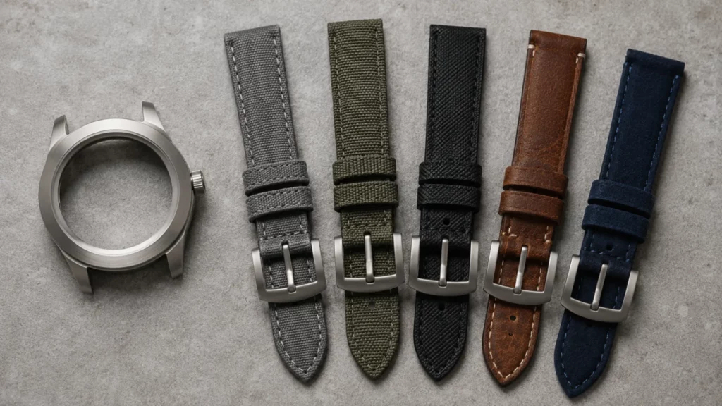 Five strap colors that suit a titanium case laid out beside a brushed titanium watch