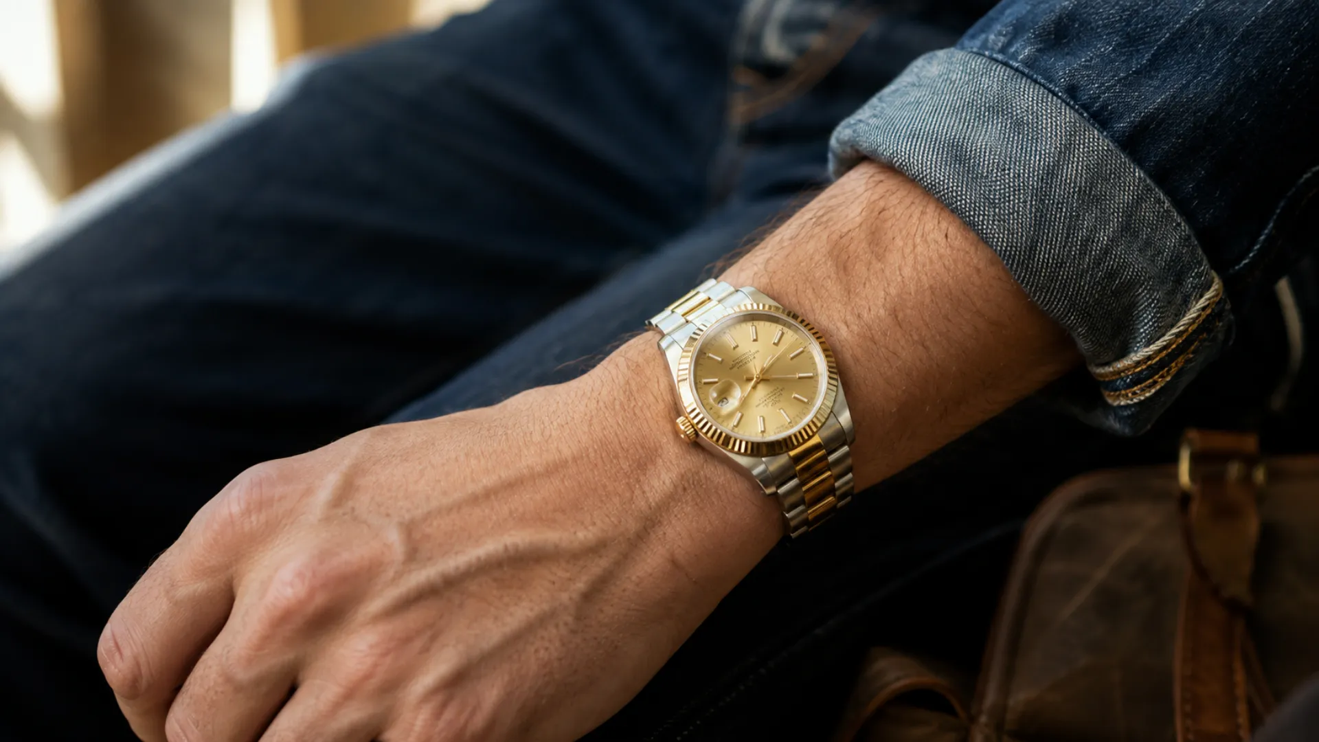 Two-tone gold watch worn with dark denim and rolled sleeve as a casual outfit combination